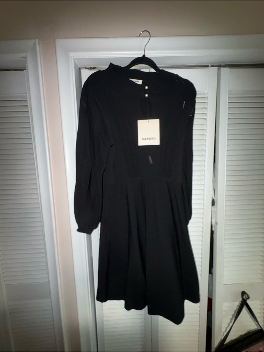 Sandro Black Long-Sleeve A-Line Dress with Pearl Accent